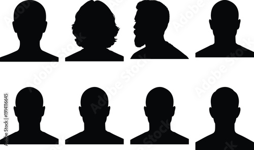 Group of diverse human head silhouettes and portraits, featuring various hairstyles, including long, short, and curly hair, on a white background.