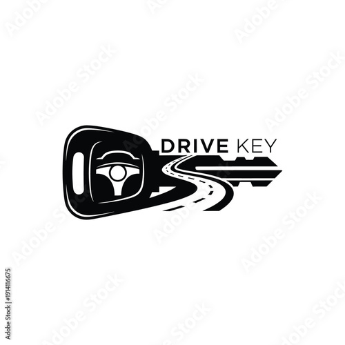 Car key with steering wheel and winding road icon for automotive rental or driving school service business branding drive key logo
