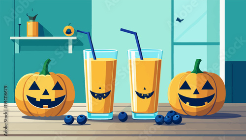 Two carved pumpkins and two glasses of orange juice with straws sit on a wooden table