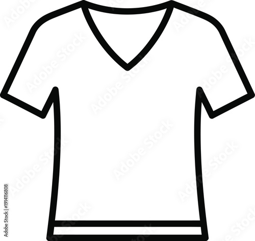A simple black outline icon depicting a short-sleeved v-neck t-shirt for apparel representation