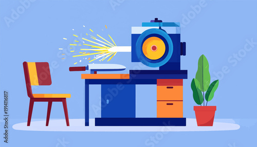 A workshop scene with a knife being sharpened on a grinding wheel, a chair, and a plant