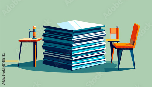 A stack of papers sits on a desk next to a chair, with a small side table holding a pen holder