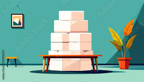 A stack of white blocks sits on a table next to a plant and a picture