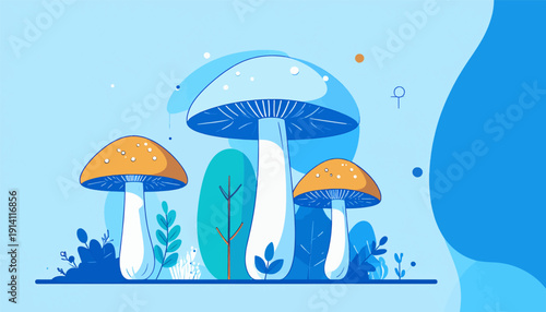 Stylized flat design illustration featuring three mushrooms and foliage against a vibrant blue gradient background