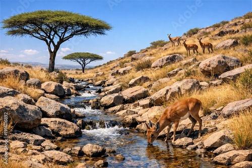 View of a dwarf antelppe drinking water from a clear shallow stream flowing through the rocky ground in african savanna during a bright clear summer day.