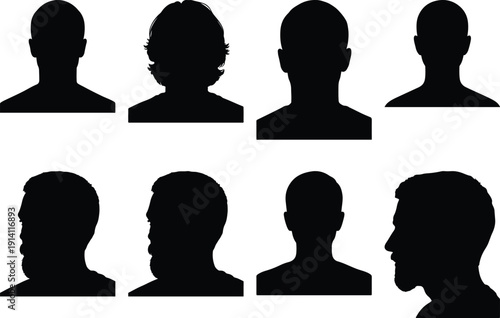 Variety of male head silhouettes and portraits in profile and frontal views, showcasing different hairstyles and beard styles, against a white background.
