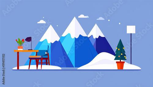 A cozy winter workspace with mountains, a desk, and a festive tree