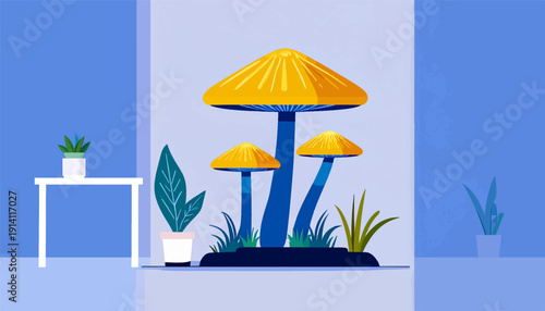 A stylized interior scene features large, bright yellow mushrooms with blue stems and undersides, surrounded by green plants