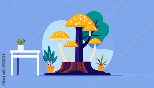 Whimsical forest scene with oversized spotted mushrooms growing from a tree stump