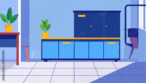 Modern interior scene with blue cabinets, yellow accents, and plants