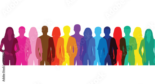 Diverse vector silhouettes of men and women in a vibrant rainbow gradient, representing community, equality, and inclusion, isolated on transparent background.