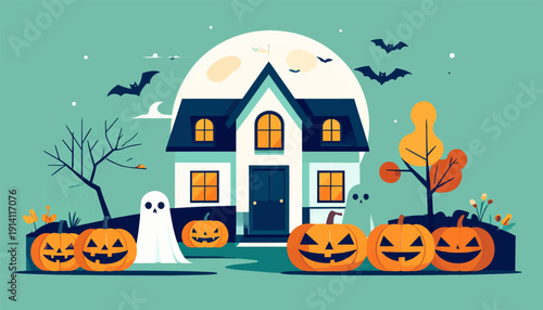 Spooky house on a hill with a full moon, surrounded by jack-o'-lanterns and bats