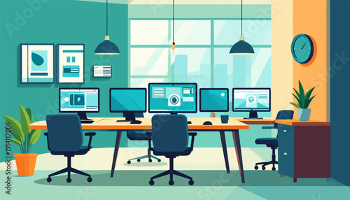 A modern office with multiple computer stations, artwork, and plants creates a productive workspace