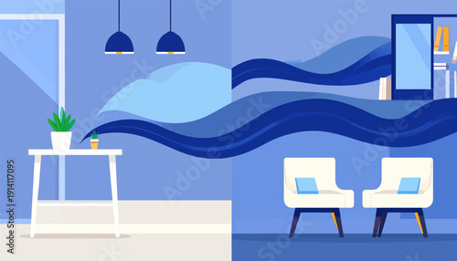 Modern interior scene with plants, chairs, and books on shelves in blue hues