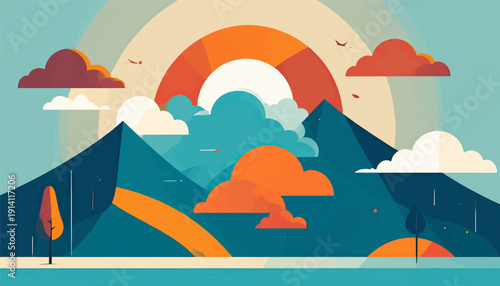 Stylized geometric mountains with colorful clouds, a sun-like arc, and a lone tree