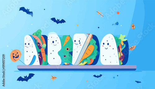 Whimsical Halloween sandwiches shaped like ghosts, with bats and leaves against a blue background