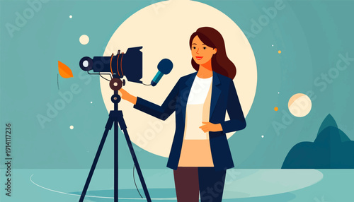 Animated woman holding microphone near camera on tripod outdoors with mountains