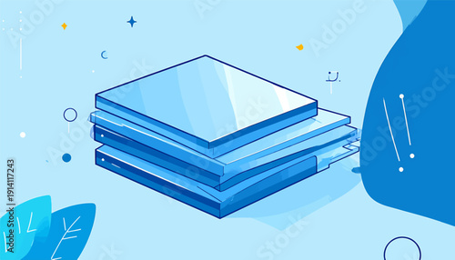 Stack of blue translucent geometric shapes with abstract background elements