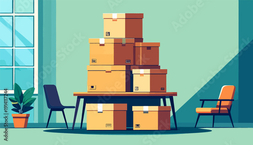 Stacked cardboard boxes on a table with chairs and a plant near a window