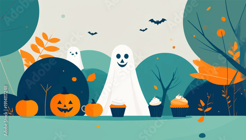 Whimsical Halloween scene with playful ghosts, pumpkins, and sweet treats under a starry night