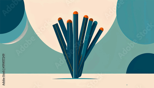 Abstract art with stylized bundle of dark blue pencils with orange tips