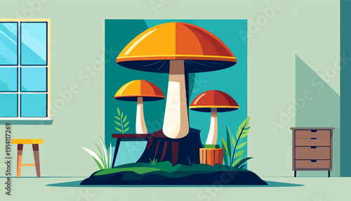 Stylized mushrooms displayed indoors with furniture and a window
