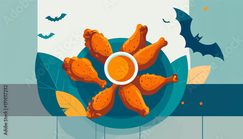 Stylized Halloween illustration of crispy chicken wings surrounding a dip, with bats in flight