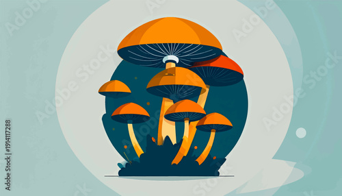 Stylized group of vibrant orange and yellow mushrooms with dark blue gills under a light gray and blue abstract background