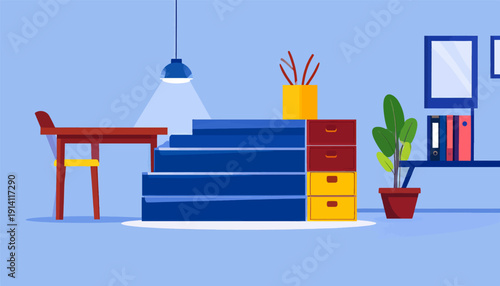 Modern office interior with desk, shelves, and plants