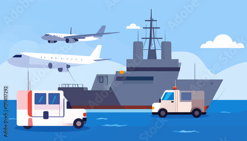 A naval ship is docked at sea with airplanes and support vehicles nearby