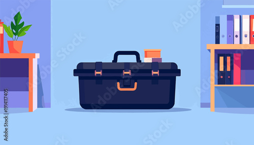 A dark toolbox with orange accents sits centered on a light blue floor between two desks