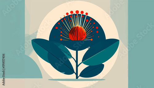 Stylized abstract illustration of a striking red, striped flower with radiating golden stamens and red dots on a dark blue backdrop