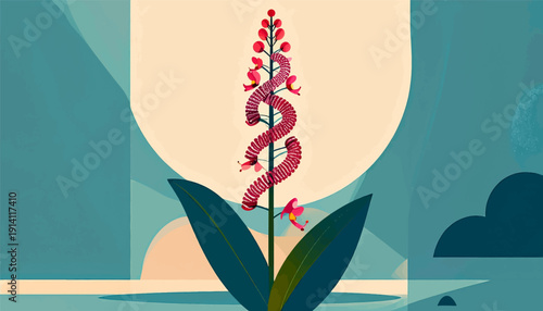 Stylized abstract plant with red flower spikes and large green leaves, set against a pale moon and teal geometric background