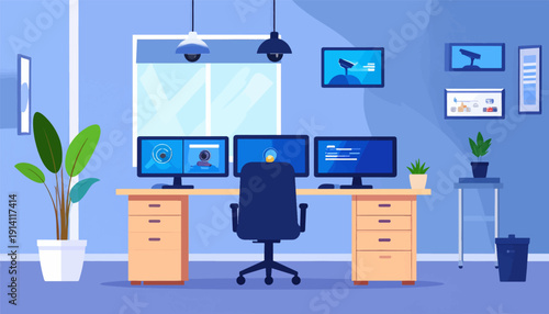 Modern office with multiple computer monitors, surveillance screens, and plants