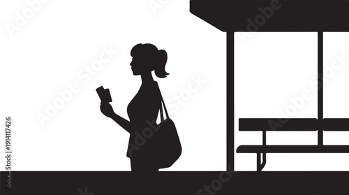 Woman holding phone standing near bus stop silhouette