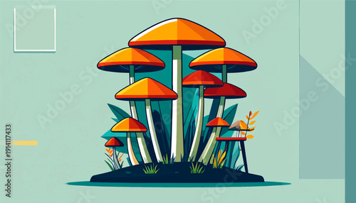 Stylized mushrooms with orange caps grow from a dark mound, set against a pale green background