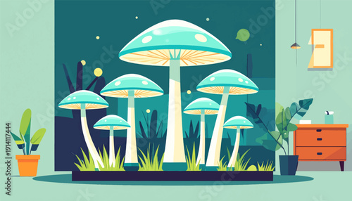 Whimsical indoor scene with glowing mushrooms and potted plants