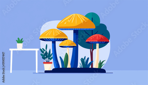 Stylized oversized mushrooms in yellow and red hues, with blue stems, stand tall amidst abstract foliage on a light blue background