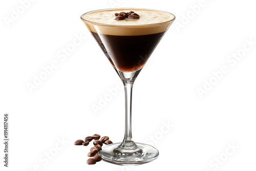 Sophisticated Espresso Martini Cocktail with Frothy Top and Coffee Bean Garnish, isolated on a transparent background.