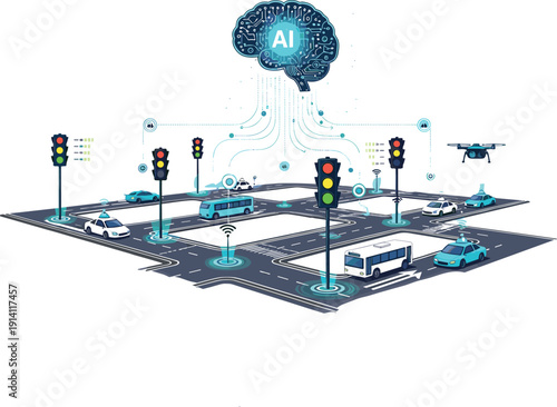 Smart City Traffic Control System with Artificial Intelligence Brain Managing Autonomous Vehicles, Drones and Connected Transportation Network Illustration