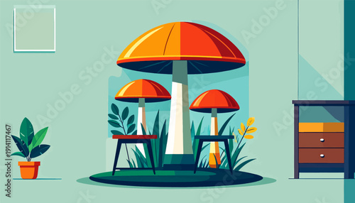 Whimsical indoor scene with oversized mushrooms and potted plants