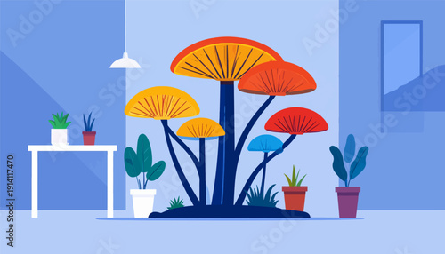 Whimsical indoor scene with colorful mushroom-like plants and potted greenery