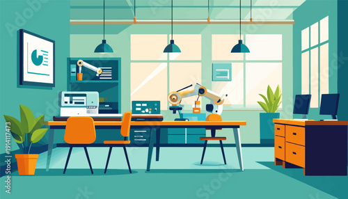 Modern office workspace with robotic arm and computers