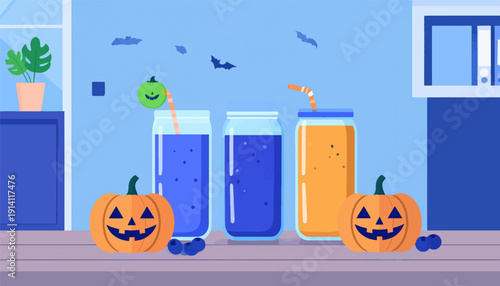 Festive Halloween drinks in jars with carved pumpkins and flying bats