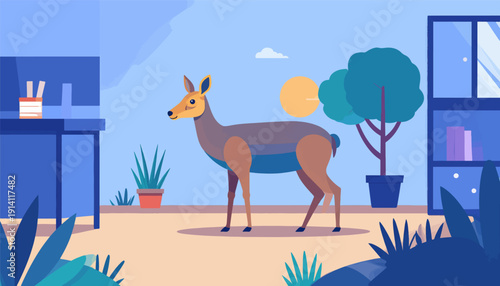 A deer stands in a room with potted plants, desk, and shelves under a clear blue sky with a sun