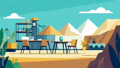 A desert landscape features a table with chairs, modern structures, and a rover
