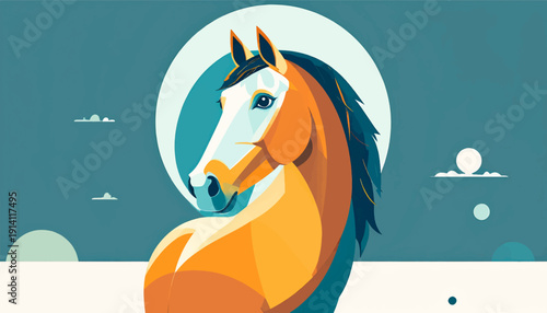 Stylized horse portrait against a teal sky with abstract celestial elements