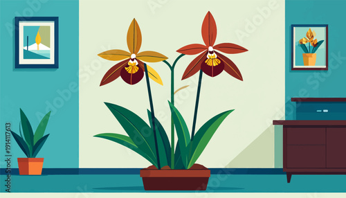 Two ornate orchids bloom in a room with artwork and furniture