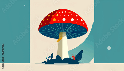 Stylized red and white spotted mushroom with blue gills, set against a muted background