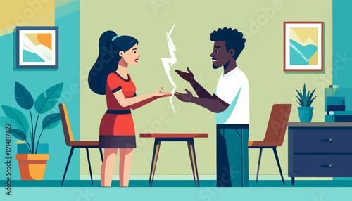 Two people facing each other with a lightning bolt symbolizing conflict between them in a stylized room